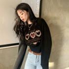 Round-neck Embroider Letter Oversize Sweater Black - One Size