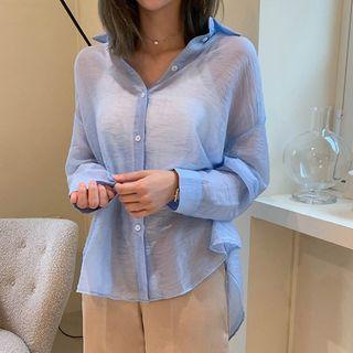 Drop-shoulder See-through Textured Shirt