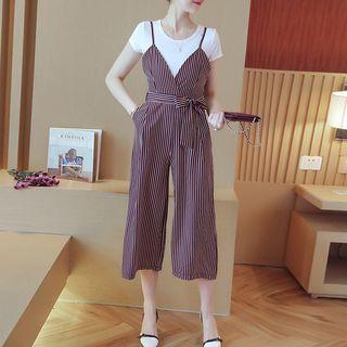 Set: Plain Short Sleeve T-shirt + Striped Spaghetti Strap Jumpsuit