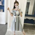 Short-sleeve Cold-shoulder Pinstriped Midi A-line Dress