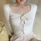 Long-sleeve Lace Up Knit Top Almond - One Size