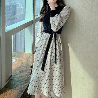 Corduroy Panel Dotted Dress