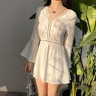 Lace Panel V-neck Bell-sleeve A-line Dress