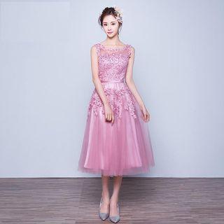 Mesh Panel Sleeveless Evening Dress