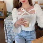 Tie-front Shirred Cropped Blouse White - One Size