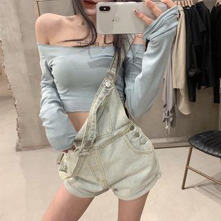 Long Sleeve Off-shoulder Plain Cropped T-shirt / Washed Denim Jumper Shorts