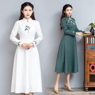 Long-sleeve Embroidered Midi Mandarin Collar Dress