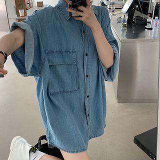 Denim Elbow-sleeve Shirt Denim Blue - One Size