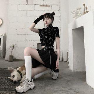 Short-sleeve Butterfly Print Cheongsam Top / A-line Skirt / Chain Belt