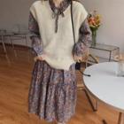 Floral Midi A-line Dress / Plain Sweater Vest