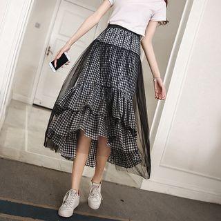 Midi Mesh-overlay Gingham Tiered Skirt As Shown In Figure - One Size