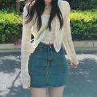 Short-sleeve Floral Print Top / Denim Mini Pencil Skirt / Jacket