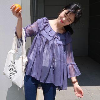 Plain Bell-sleeve 3/4-sleeve Chiffon Blouse