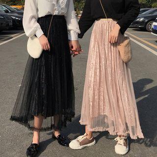 Mesh Overlay Maxi Velvet Skirt