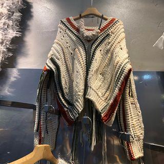 Striped Tassel Detail Crochet Knit Sweater