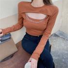 Chain-accent Cutout Front Long-sleeve Top