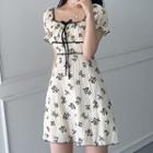 Short-sleeve Square-neck Floral Mini A-line Dress