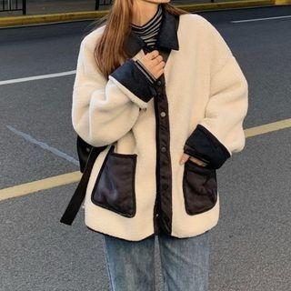 Faux Fleece Color-block Loose-fit Cotton Jacket