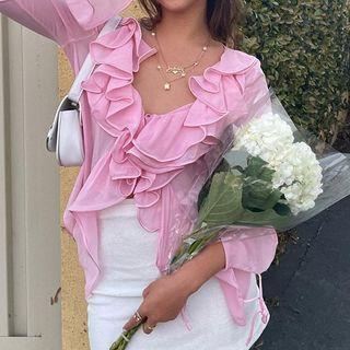 Long-sleeve V-neck Ruffle-trim Crop Top
