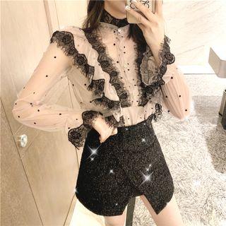 High-waist Slim-fit Skirt / Set: Dot Lace Long-sleeve Blouse + Camisole Top