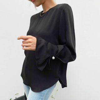 Faux-pearl Accent Silky Blouse