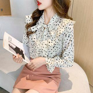 Long-sleeve Tie-neck Print Ruffled Blouse
