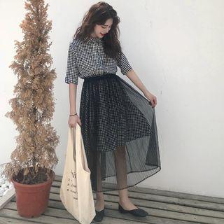 Set: Plaid Elbow-sleeve Shirtdress + Midi Mesh Skirt As Shown In Figure - One Size
