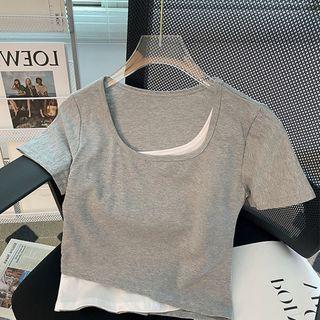 Mock-two-piece Plain Asymmetric Crop Top