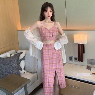 Plain Shirt / Plaid Cropped Camisole / Midi Straight-fit Skirt / Set