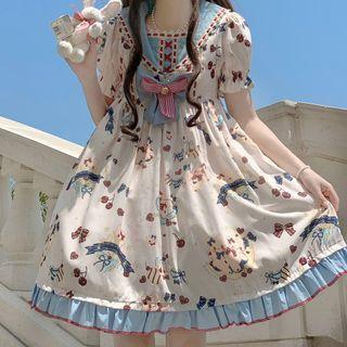 Cartoon Print Ruffle Trim A-line Dress / Headband / Set