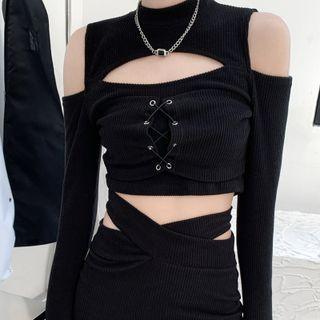 Long-sleeve Lace Up Cold-shoulder Crop Top / Cross Strap Mini Pencil Skirt