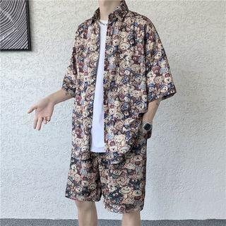 Set: Bear Print Shirt + Straight Leg Shorts
