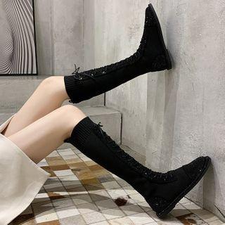Lace Up Rhinestone Tall Boots