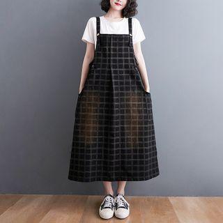 Plaid Denim Midi A-line Overall Dress