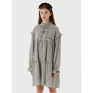 Frilled-neck Beribboned Checked Tiered Dress Ivory - One Size