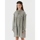 Frilled-neck Beribboned Checked Tiered Dress Ivory - One Size