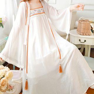 Set: Long-sleeve Contrast Trim Hanfu Jacket / Spaghetti-strap Embroidered Floral Dress
