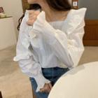 Square-neck Bell-sleeve Lace Trim Blouse White - One Size