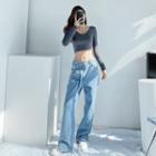 Asymmetrical-waistline Side-slit Straight-cut Jeans