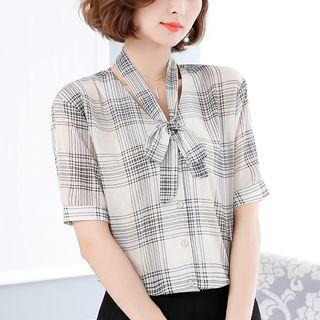 Check Short-sleeve Chiffon Blouse