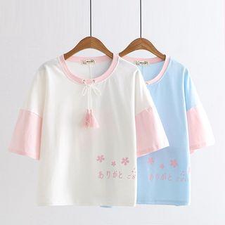 Short-sleeve Floral Print Tasseled T-shirt