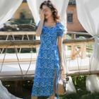 Floral Print Short-sleeve Slit Midi A-line Dress