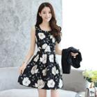 Set: Sleeveless Floral A-line Dress + Jacket