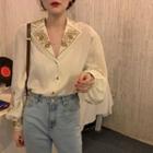 Long-sleeve Open-collar Floral Embroidered Blouse Almond - One Size
