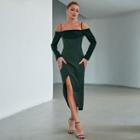 Off-shoulder Slit Long-sleeve Midi A-line Dress