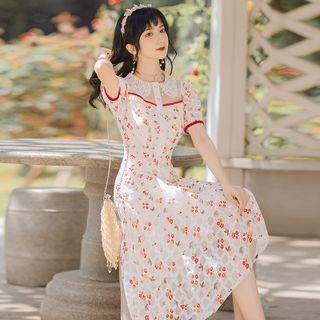 Short-sleeve Lace Floral Midi A-line Dress