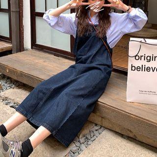 Plain Denim Midi Overall Dress