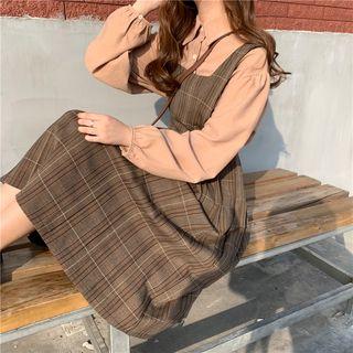 Plain Lantern-sleeve Blouse / Plaid Midi Jumper Dress