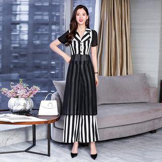 Set: Short-sleeve Striped Shirt + Wide Leg Pants