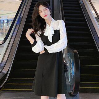 Mock Two-piece Long-sleeve Tie-neck A-line Dress